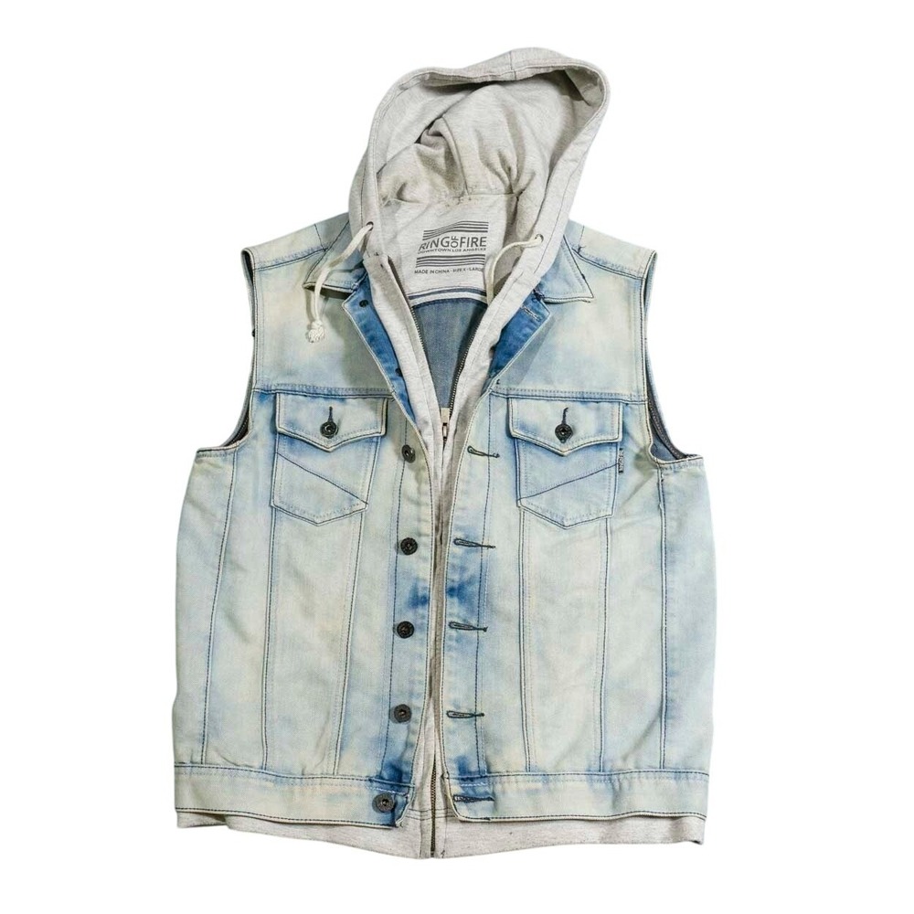 Ring Of Fire Denim Vest Mens Size XL Blue Distressed Hooded Jacket‎ Biker Moto